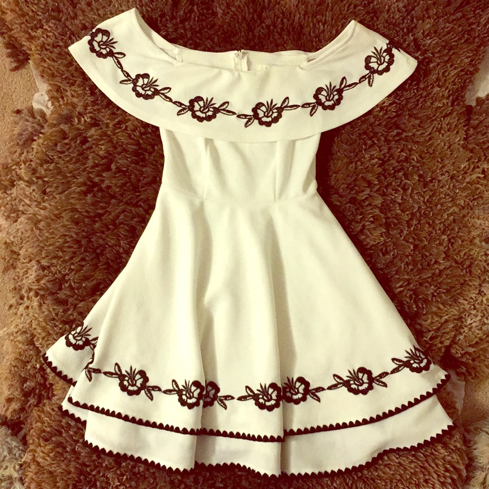 White off the shoulder embroidered layered dress